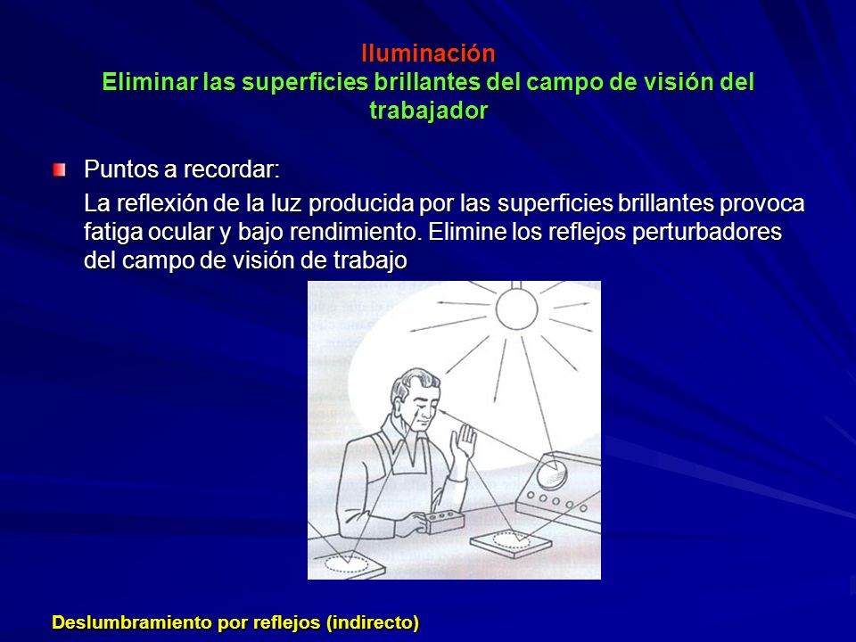 Iluminación Eliminar las superficies brillantes del campo de visión del trabajador