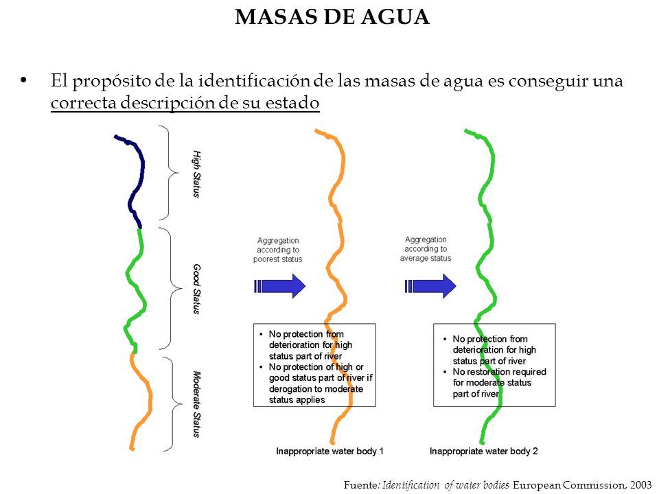 MASAS DE AGUA El propósito de la identificación de las masas de agua es conseguir una correcta descripción de su estado.
