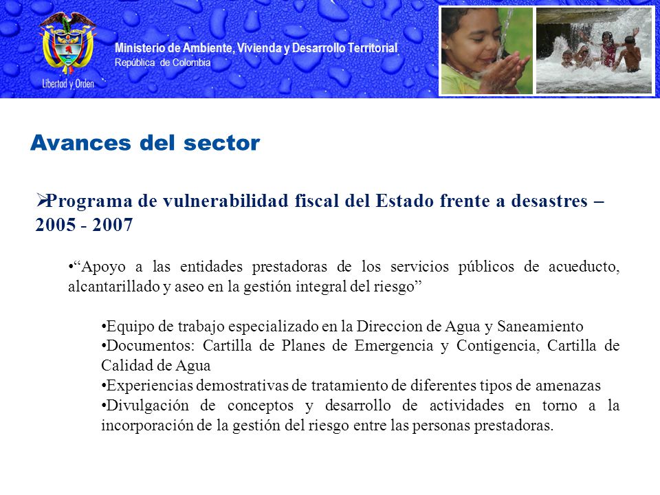 Avances del sector Programa de vulnerabilidad fiscal del Estado frente a desastres –