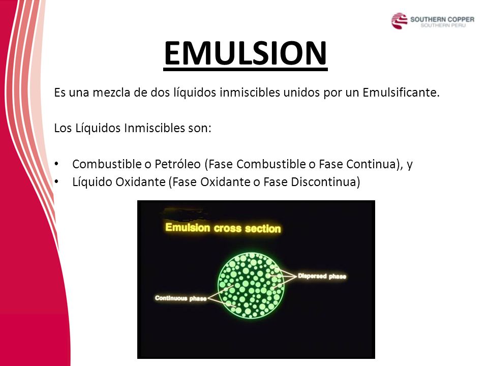 EMULSION Es una mezcla de dos líquidos inmiscibles unidos por un Emulsificante. Los Líquidos Inmiscibles son: