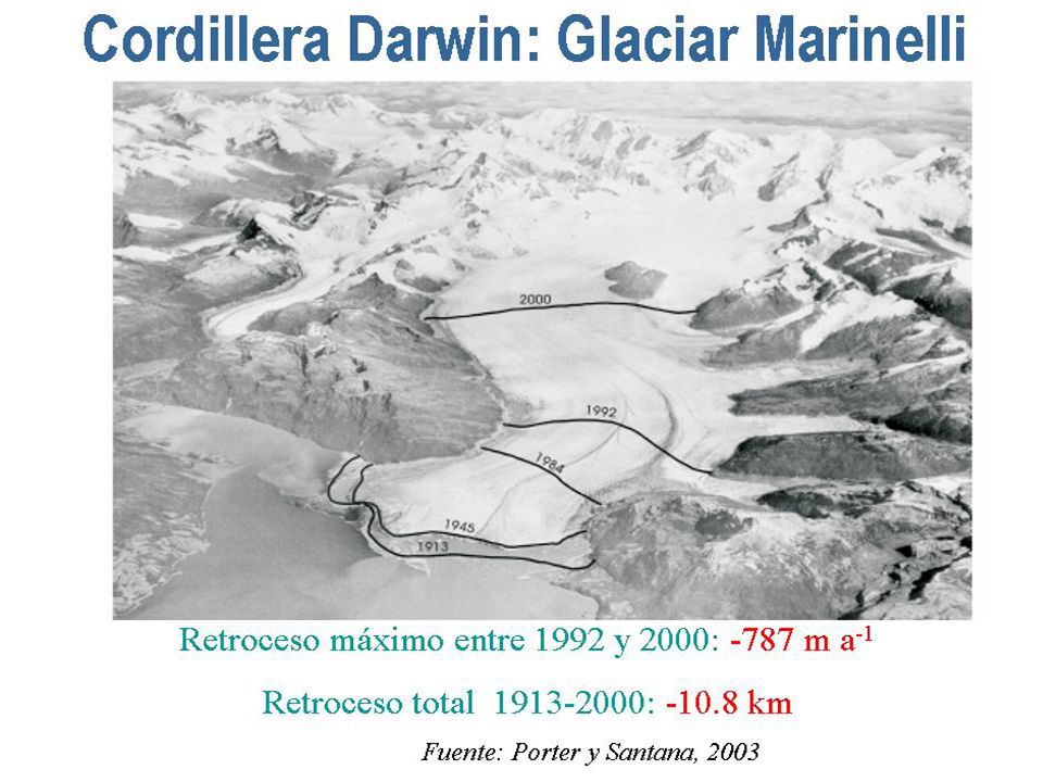 Retroceso de los ventisqueros San Quintín y San Rafael en Campos de Hielo Norte.