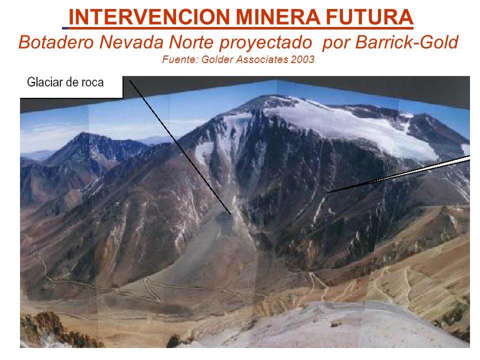 INTERVENCION MINERA: IMPACTO DEL MATERIAL PARTICULADO EN EL GLACIAR ESPERANZA PRODUCTO DE CONSTRUCCIÓN DE CAMINOS Y TRANSPORTE DE VEHÍCULOS Y MAQUINARIAS de BARRICK GOLD Fuente:Bórquez, mayo 2005 , zona cordillerana de la III Región, Comuna de alto del Carmen