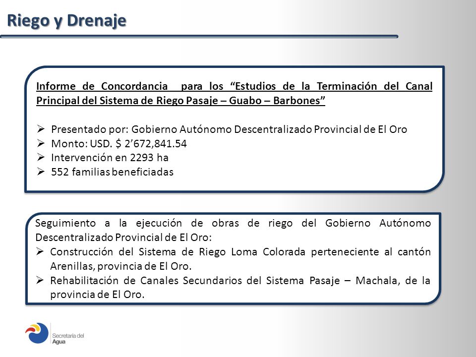 Riego y Drenaje Informe de Concordancia para los Estudios de la Terminación del Canal Principal del Sistema de Riego Pasaje – Guabo – Barbones