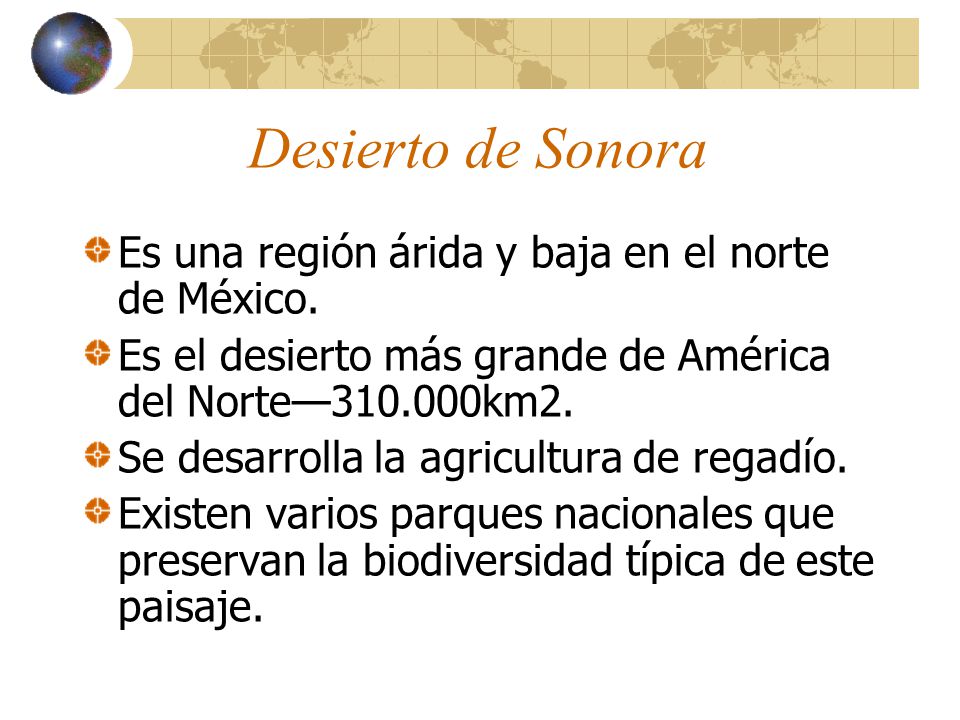 Desierto de Sonora Es una región árida y baja en el norte de México.