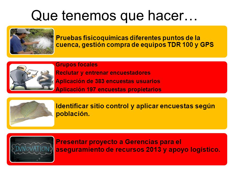 Que tenemos que hacer… Pruebas fisicoquímicas diferentes puntos de la cuenca, gestión compra de equipos TDR 100 y GPS.