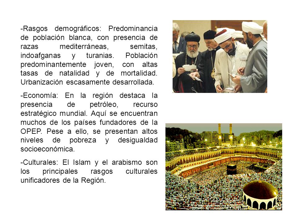 Rasgos demográficos: Predominancia de población blanca, con presencia de razas mediterráneas, semitas, indoafganas y turanias. Población predominantemente joven, con altas tasas de natalidad y de mortalidad. Urbanización escasamente desarrollada.