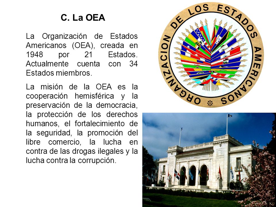 C. La OEA La Organización de Estados Americanos (OEA), creada en 1948 por 21 Estados. Actualmente cuenta con 34 Estados miembros.