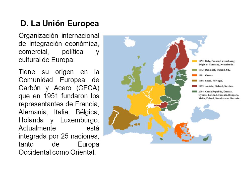 D. La Unión Europea Organización internacional de integración económica, comercial, política y cultural de Europa.