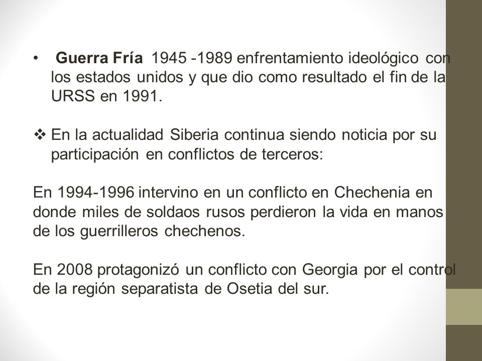 Guerra Fría enfrentamiento ideológico con los estados unidos y que dio como resultado el fin de la URSS en 1991.