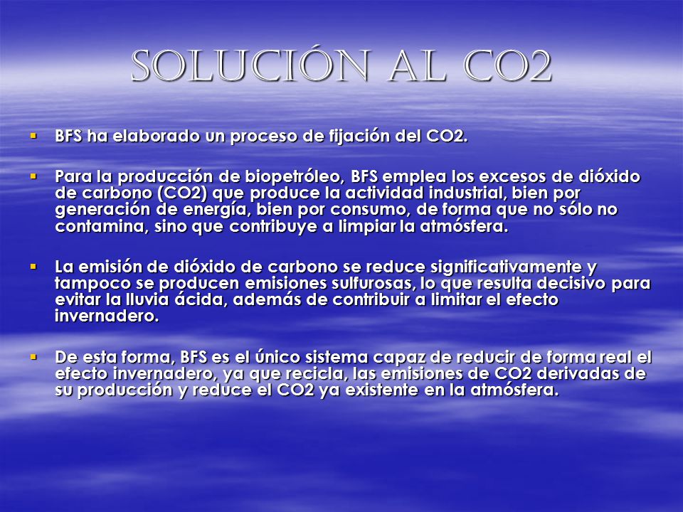 Solución al CO2 BFS ha elaborado un proceso de fijación del CO2.