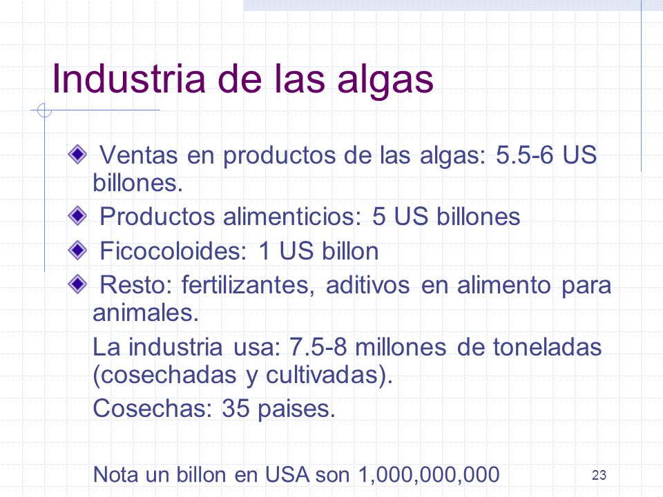 Industria de las algas Ventas en productos de las algas: US billones. Productos alimenticios: 5 US billones.