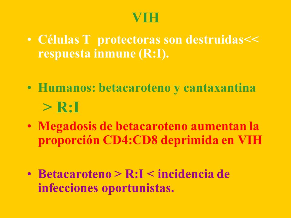 VIH Células T protectoras son destruidas<< respuesta inmune (R:I). Humanos: betacaroteno y cantaxantina.