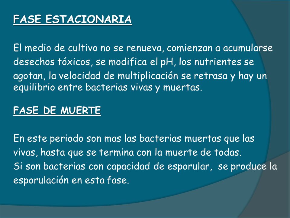 FASE ESTACIONARIA El medio de cultivo no se renueva, comienzan a acumularse. desechos tóxicos, se modifica el pH, los nutrientes se.