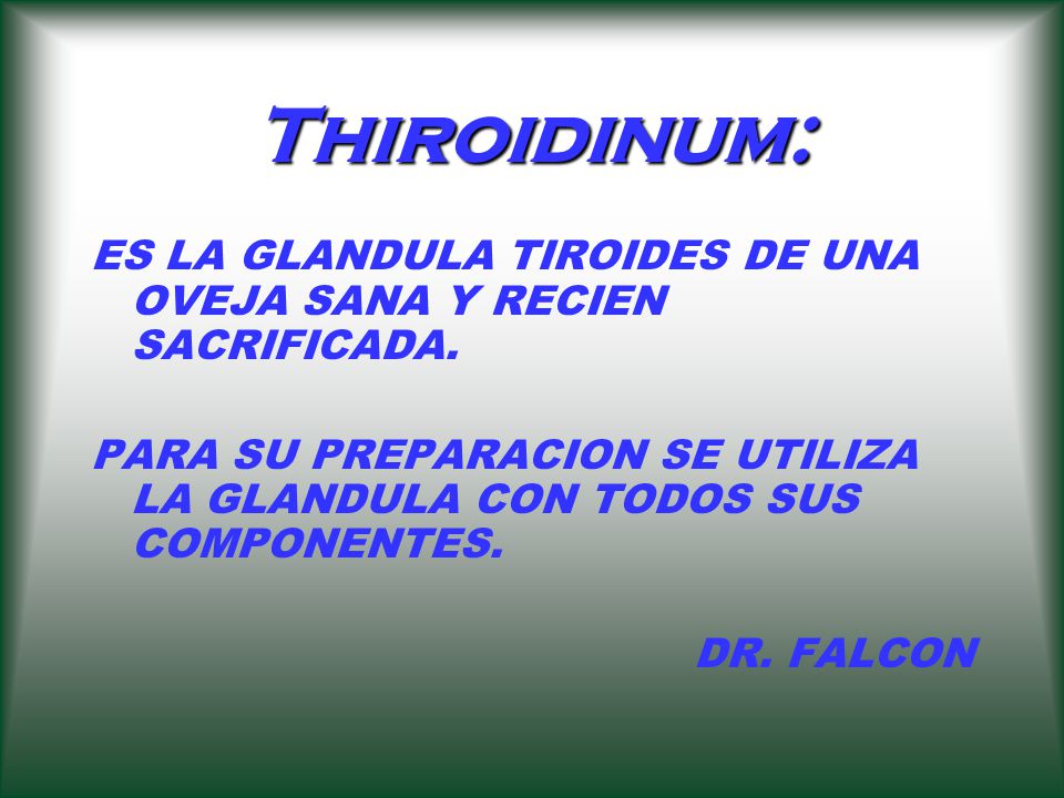 Thiroidinum: ES LA GLANDULA TIROIDES DE UNA OVEJA SANA Y RECIEN SACRIFICADA. PARA SU PREPARACION SE UTILIZA LA GLANDULA CON TODOS SUS COMPONENTES.
