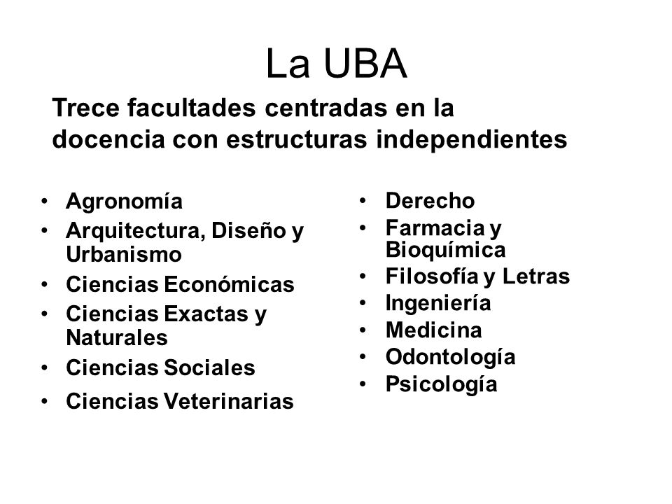La UBA Trece facultades centradas en la docencia con estructuras independientes. Agronomía. Arquitectura, Diseño y Urbanismo.