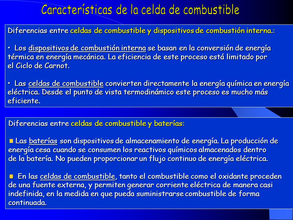 Características de la celda de combustible