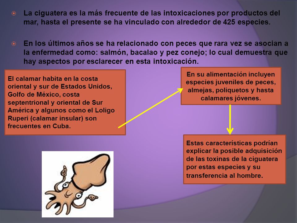 La ciguatera es la más frecuente de las intoxicaciones por productos del mar, hasta el presente se ha vinculado con alrededor de 425 especies.