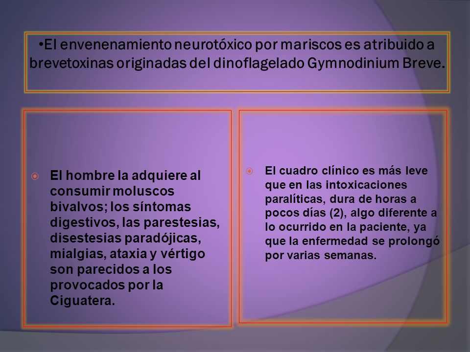 El envenenamiento neurotóxico por mariscos es atribuido a brevetoxinas originadas del dinoflagelado Gymnodinium Breve.