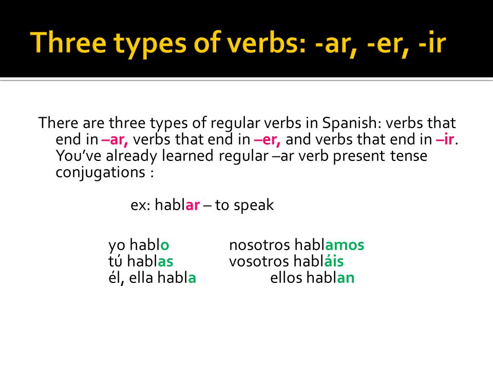 Three types of verbs: -ar, -er, -ir