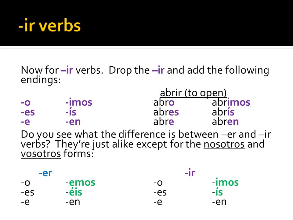 -ir verbs Now for –ir verbs. Drop the –ir and add the following endings: abrir (to open) -o -imos abro abrimos.