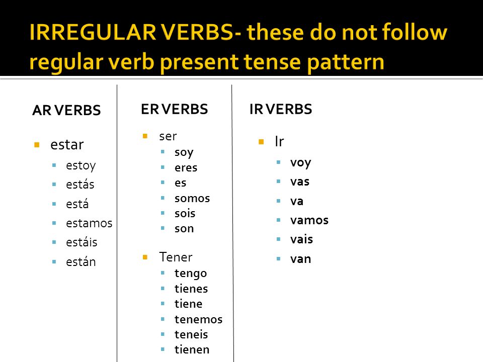IRREGULAR VERBS- these do not follow regular verb present tense pattern