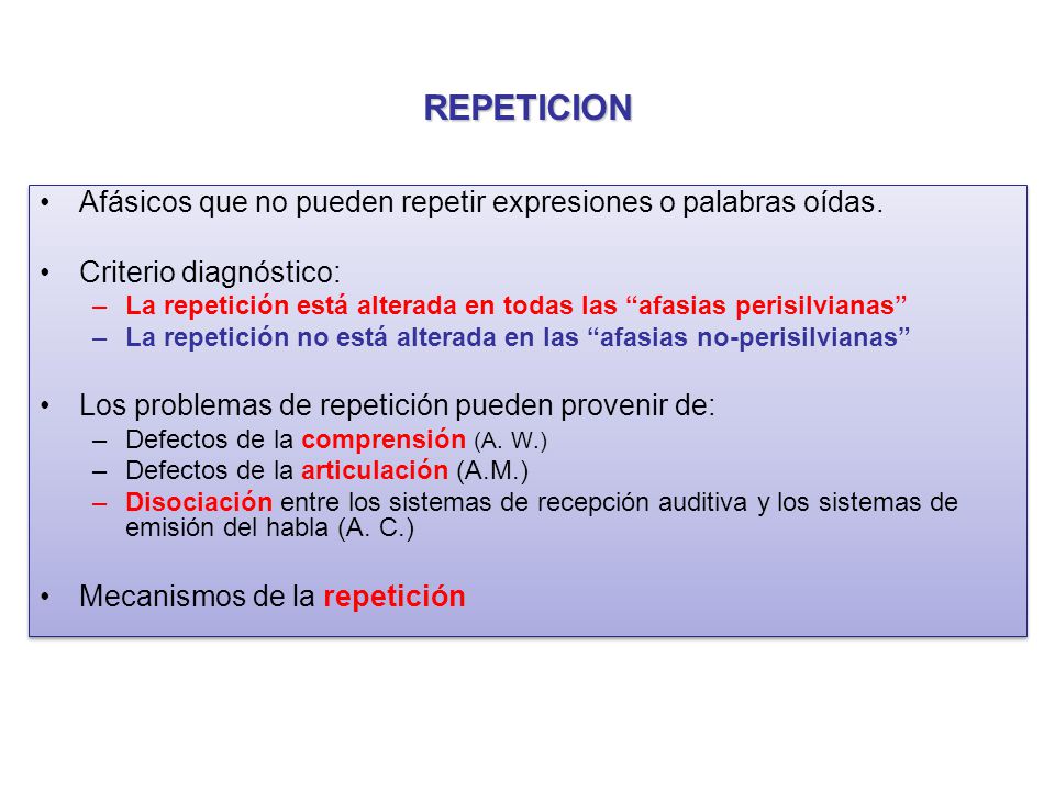 REPETICION Afásicos que no pueden repetir expresiones o palabras oídas. Criterio diagnóstico: