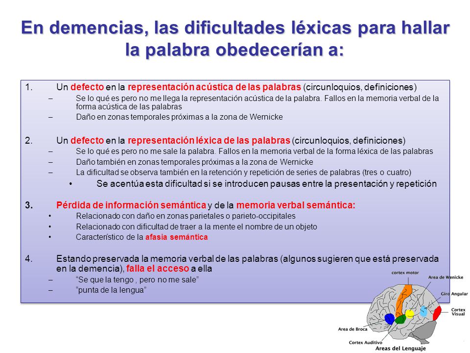 En demencias, las dificultades léxicas para hallar la palabra obedecerían a: