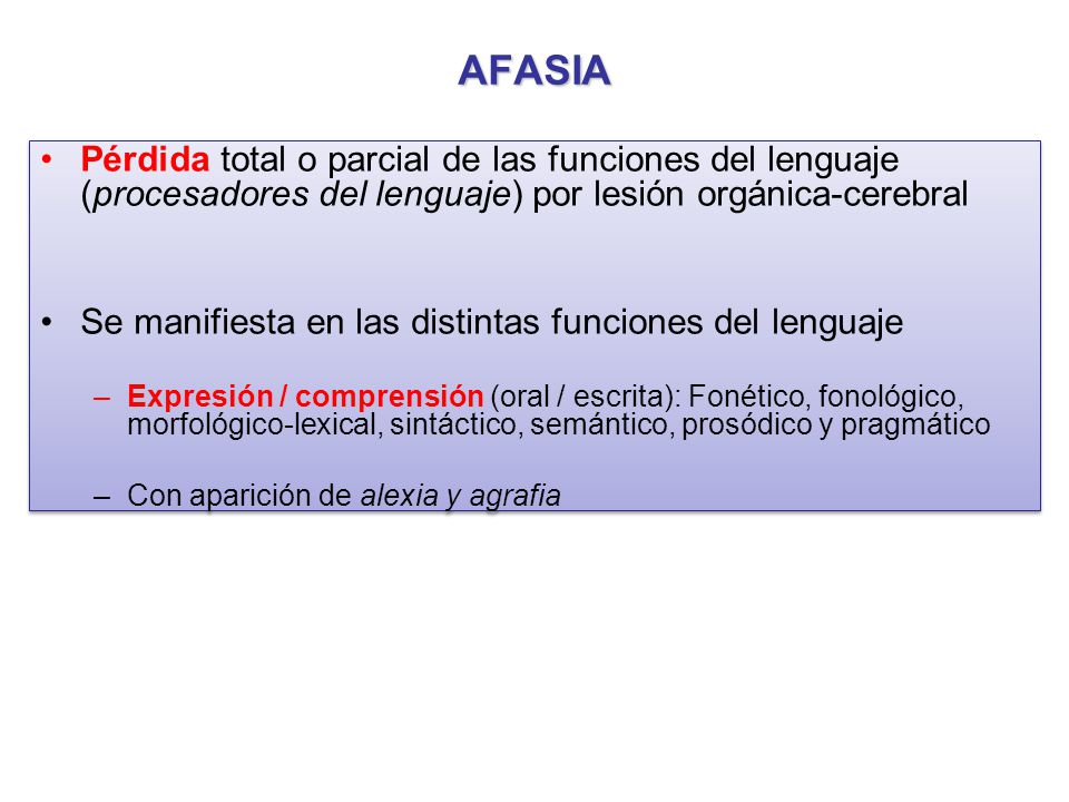 AFASIA Pérdida total o parcial de las funciones del lenguaje (procesadores del lenguaje) por lesión orgánica-cerebral.