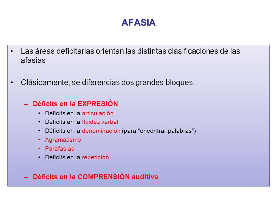 AFASIA Las áreas deficitarias orientan las distintas clasificaciones de las afasias. Clásicamente, se diferencias dos grandes bloques: