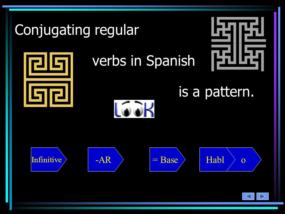 Conjugating regular verbs in Spanish is a pattern. -AR = Base Habl o