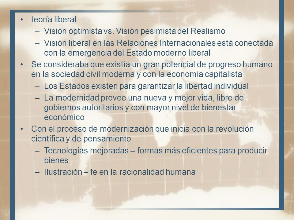 teoría liberal Visión optimista vs. Visión pesimista del Realismo.