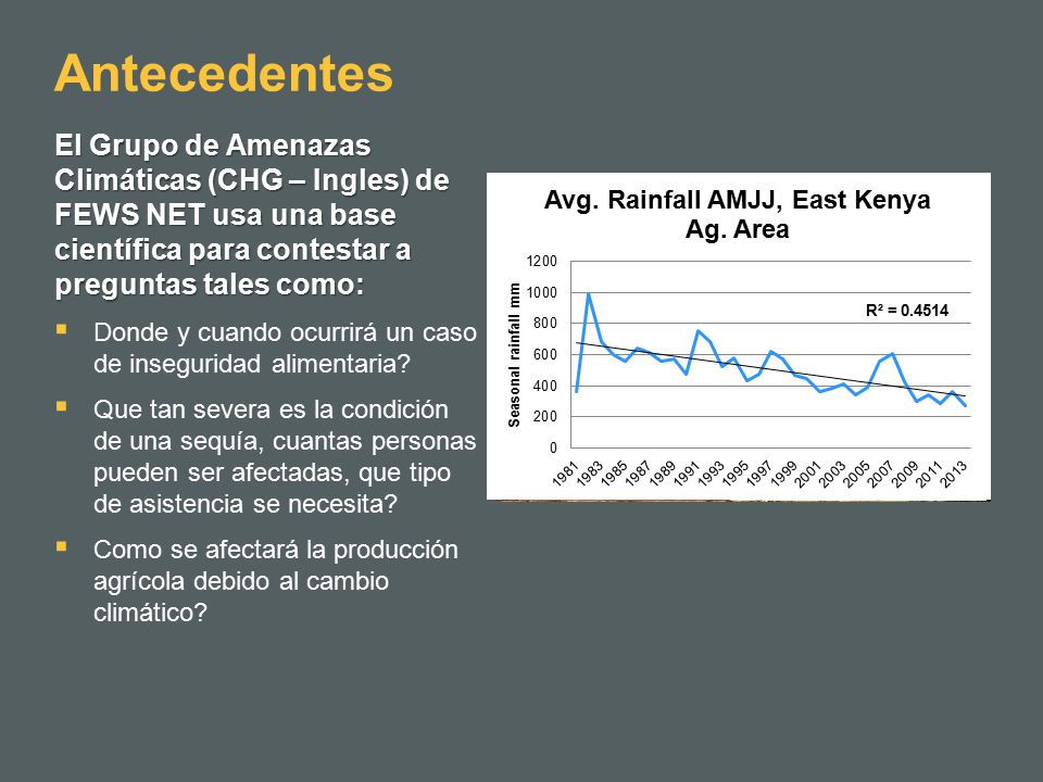 Antecedentes El Grupo de Amenazas Climáticas (CHG – Ingles) de FEWS NET usa una base científica para contestar a preguntas tales como: