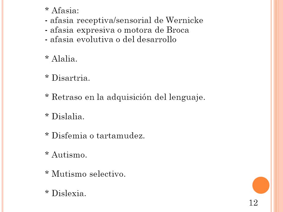 * Afasia: - afasia receptiva/sensorial de Wernicke. - afasia expresiva o motora de Broca. - afasia evolutiva o del desarrollo.