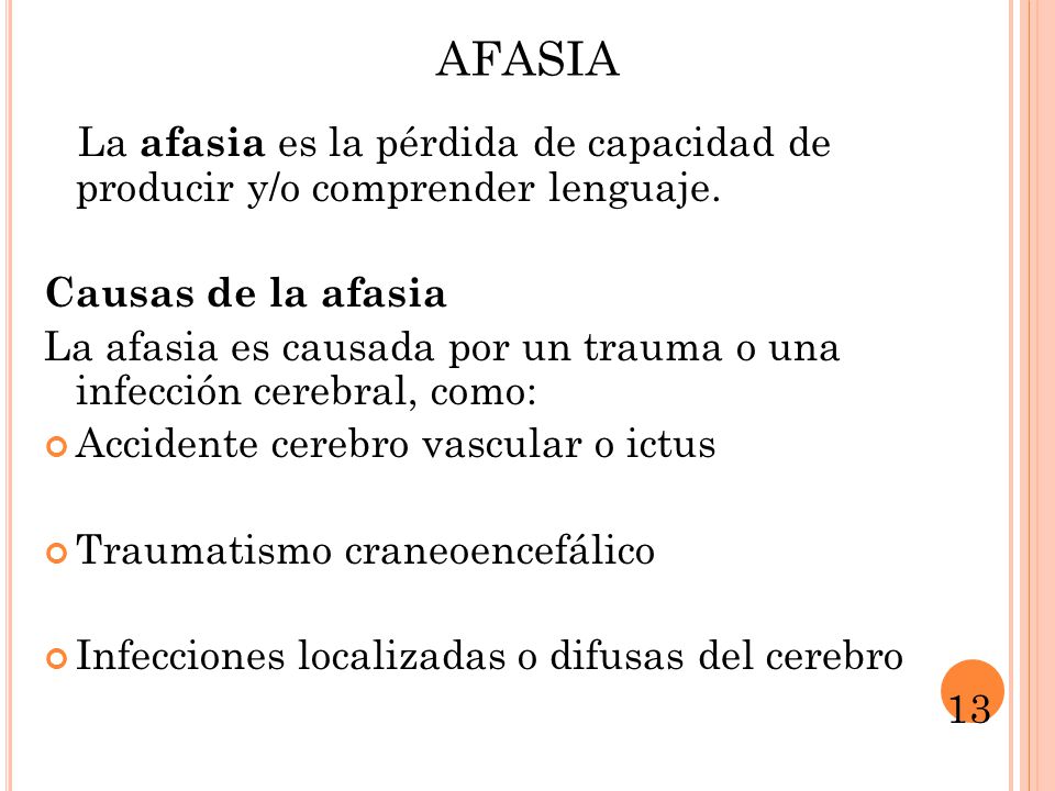 AFASIA La afasia es la pérdida de capacidad de producir y/o comprender lenguaje. Causas de la afasia.