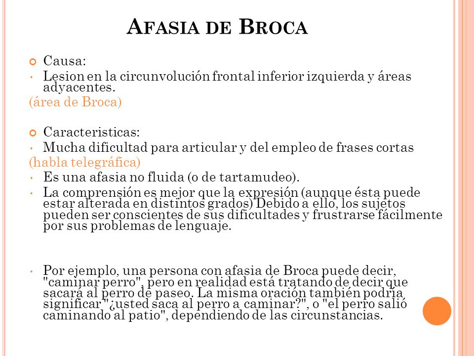 Afasia de Broca Causa: Lesion en la circunvolución frontal inferior izquierda y áreas adyacentes.