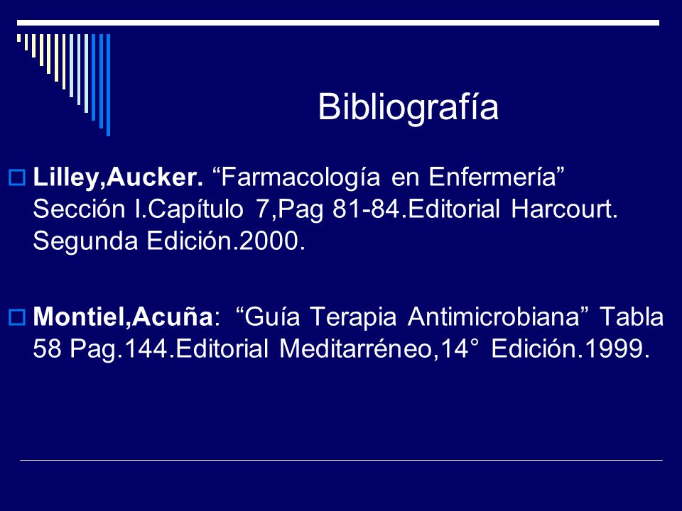 Bibliografía Lilley,Aucker. Farmacología en Enfermería Sección I.Capítulo 7,Pag Editorial Harcourt. Segunda Edición