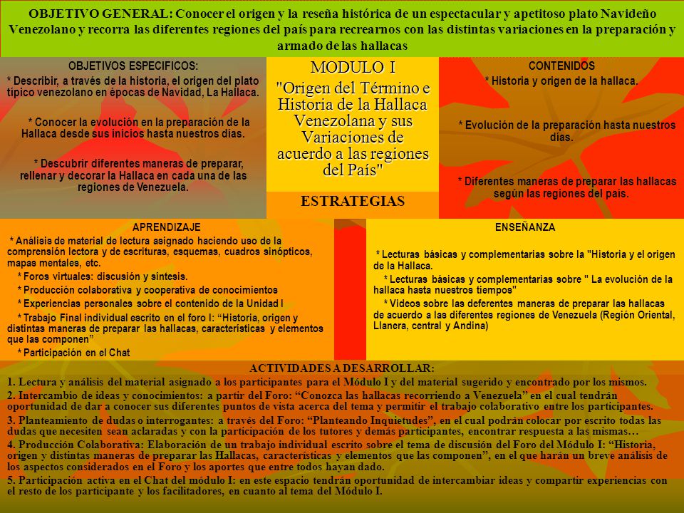 OBJETIVO GENERAL: Conocer el origen y la reseña histórica de un espectacular y apetitoso plato Navideño Venezolano y recorra las diferentes regiones del país para recrearnos con las distintas variaciones en la preparación y armado de las hallacas