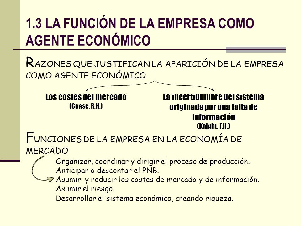 1.3 LA FUNCIÓN DE LA EMPRESA COMO AGENTE ECONÓMICO