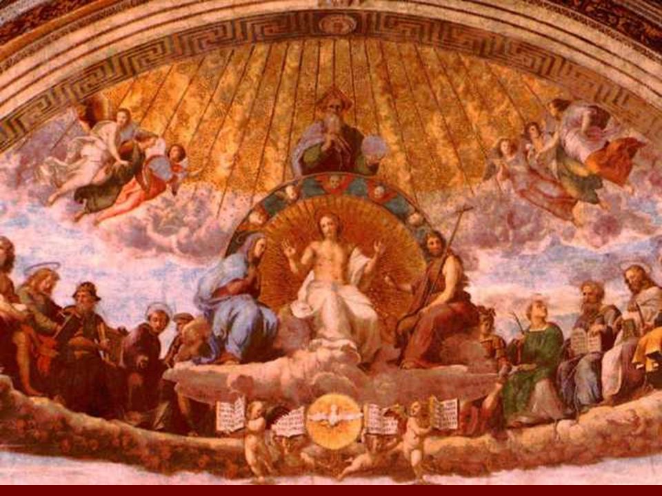 En la parte alta (cielo): Trinidad con Cristo dominando la composición, flanqueado por María y San Juan Bautista.