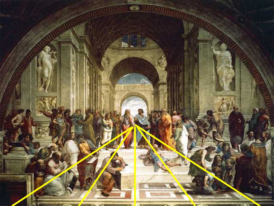 El punto de fuga de la perspectiva está situado en la mano izquierda de Platón que sostiene el Timeo, lo que asume un significado simbólico; mientras con una mano señala las armonías del cielo, con la otra concentra en un punto todas las líneas del espacio terrenal.