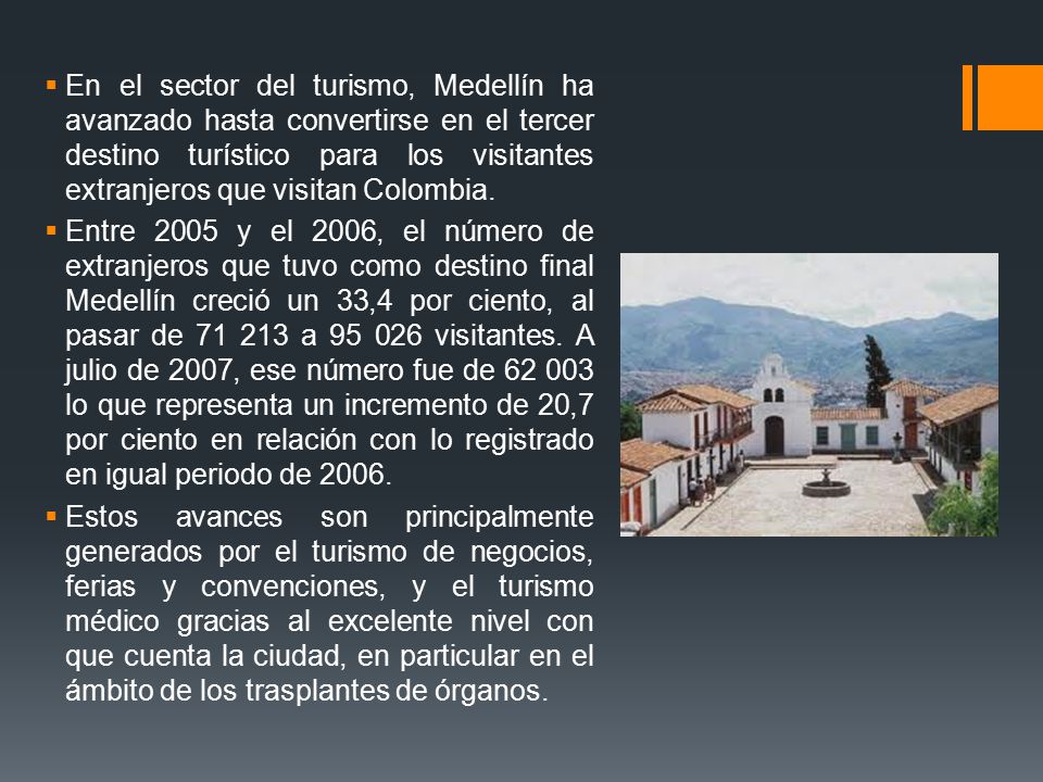 En el sector del turismo, Medellín ha avanzado hasta convertirse en el tercer destino turístico para los visitantes extranjeros que visitan Colombia.