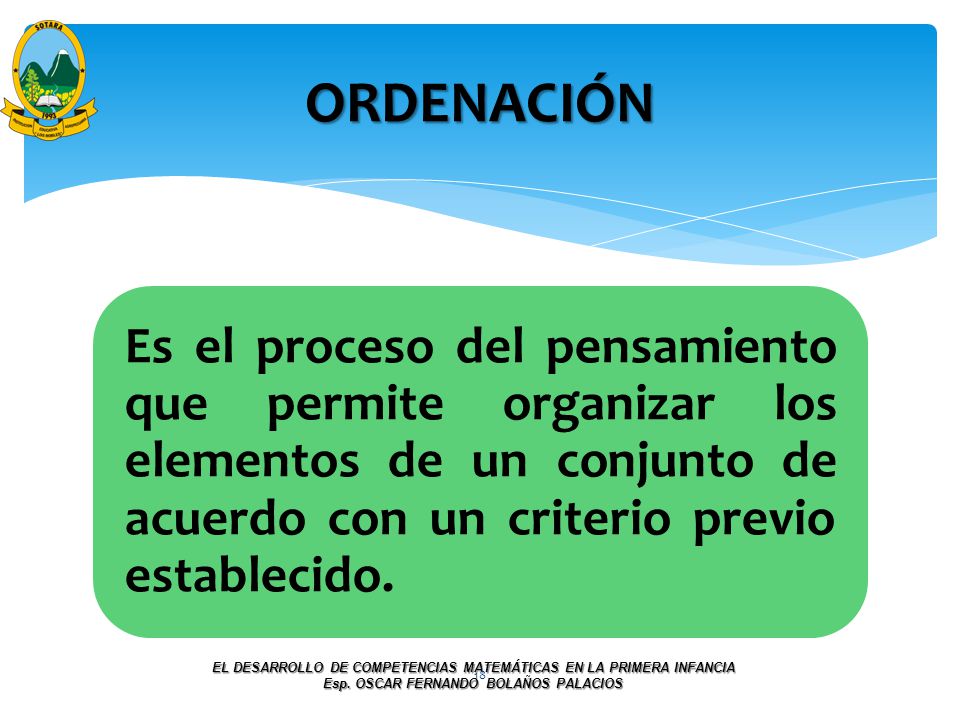 ORDENACIÓN Es el proceso del pensamiento que permite organizar los elementos de un conjunto de acuerdo con un criterio previo establecido.