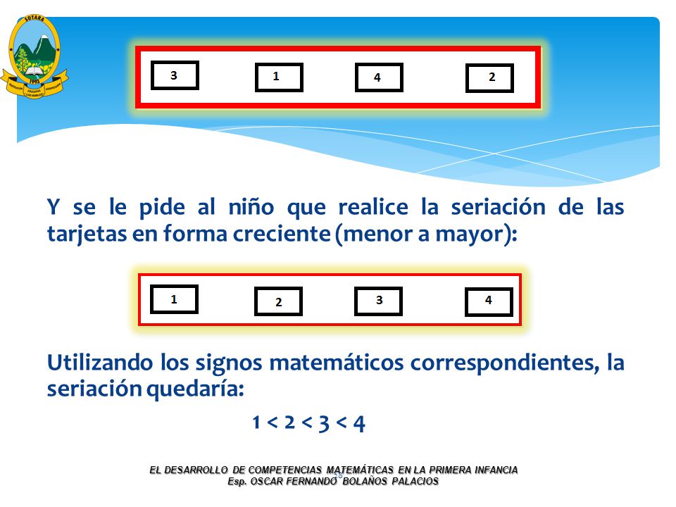 Y se le pide al niño que realice la seriación de las tarjetas en forma creciente (menor a mayor): Utilizando los signos matemáticos correspondientes, la seriación quedaría: 1 < 2 < 3 < 4