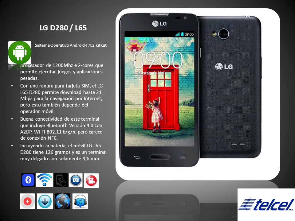 LG D280 / L65 Sistema Operativo Android KitKat. procesador de 1200Mhz e 2-cores que permite ejecutar juegos y aplicaciones pesadas.