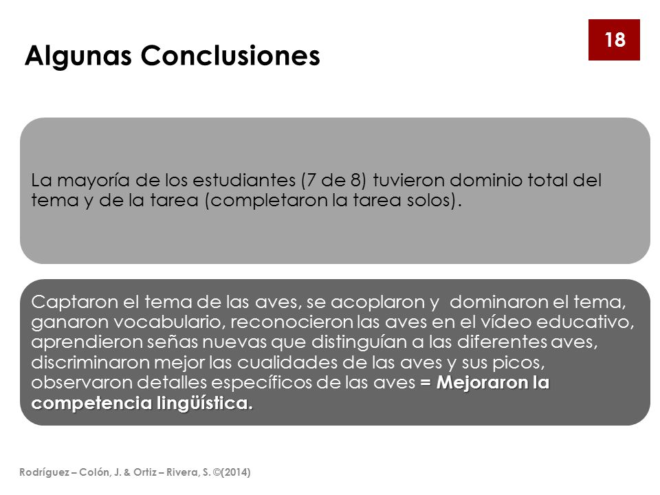 Algunas Conclusiones La mayoría de los estudiantes (7 de 8) tuvieron dominio total del tema y de la tarea (completaron la tarea solos).