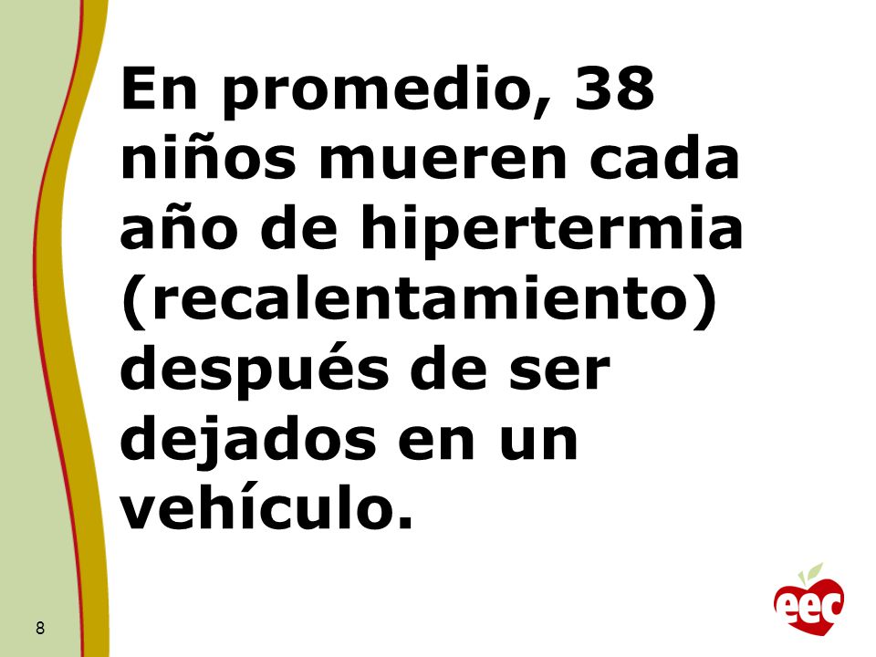 En promedio, 38 niños mueren cada año de hipertermia (recalentamiento) después de ser dejados en un vehículo.