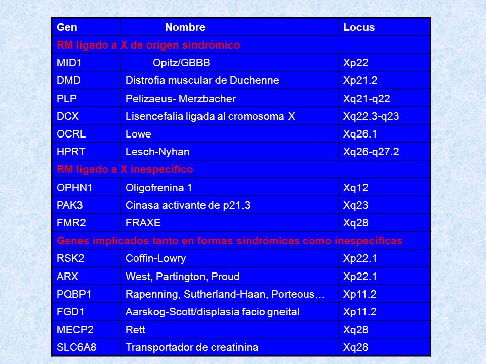 Gen Nombre. Locus. RM ligado a X de origen sindrómico. MID1. Opitz/GBBB. Xp22. DMD. Distrofia muscular de Duchenne.