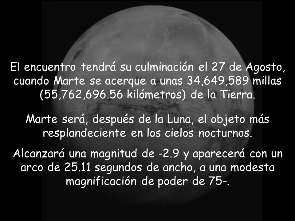 El encuentro tendrá su culminación el 27 de Agosto, cuando Marte se acerque a unas 34,649,589 millas (55,762, kilómetros) de la Tierra.