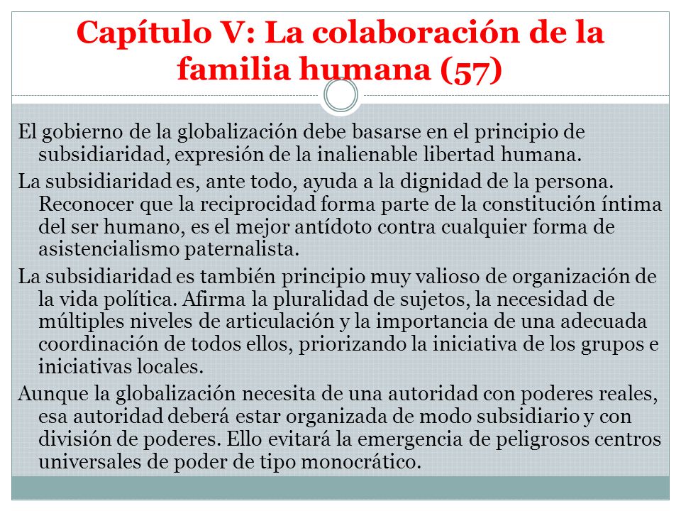 Capítulo V: La colaboración de la familia humana (57)
