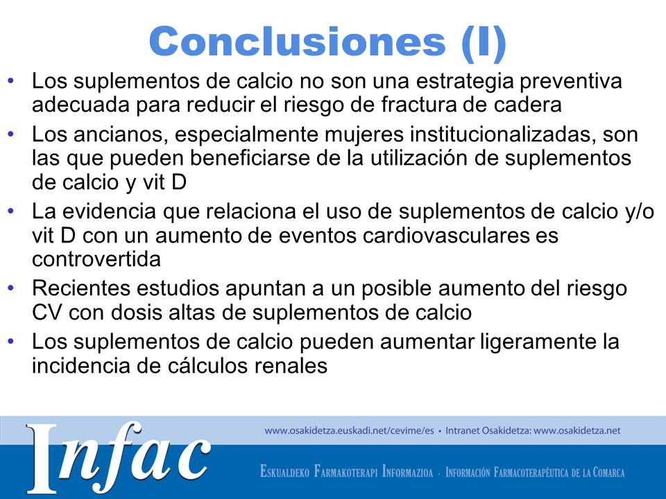 Conclusiones (I) Los suplementos de calcio no son una estrategia preventiva adecuada para reducir el riesgo de fractura de cadera.